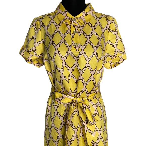Kate Spade Silk & Linen Yellow Pink Collared Shirt Dress with tie belt - medium - Picture 1 of 15